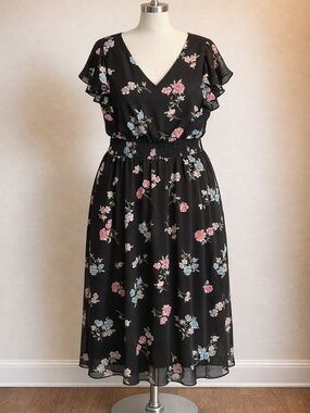 MSK Women’s Size 1X Black Floral V-Neck Flutter Sleeve Smocked Waist Midi Dress